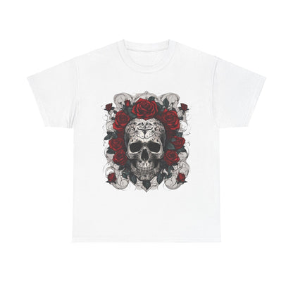 Sophisticated Skulls and Roses Cotton Tee in white, highlighting a captivating skull design adorned with roses, an essential for those who appreciate distinctive and stylish apparel.