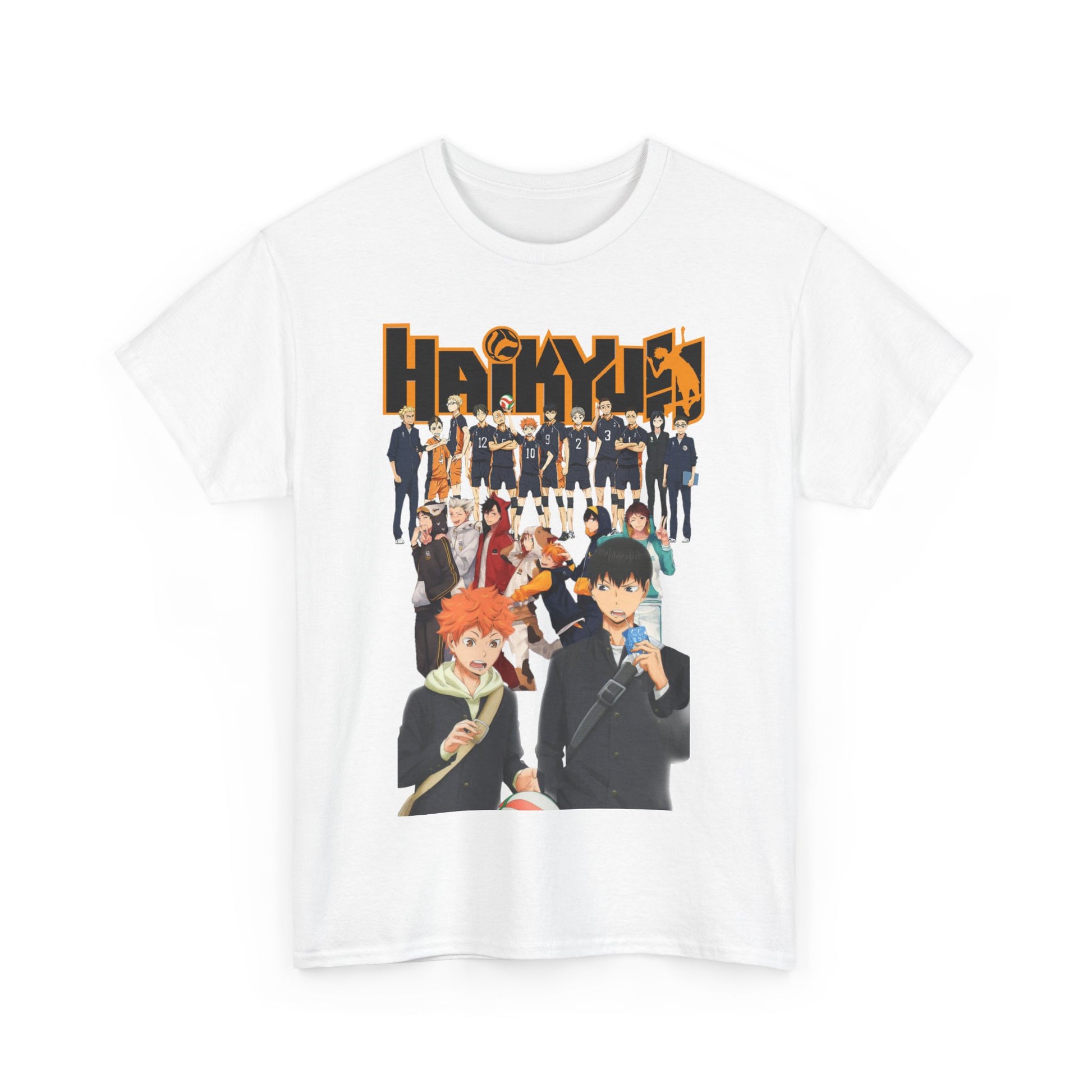 Elegant white Haikyuu!! All-Stars T-shirt showcasing dynamic character artwork, ideal for fans of the acclaimed volleyball anime series.