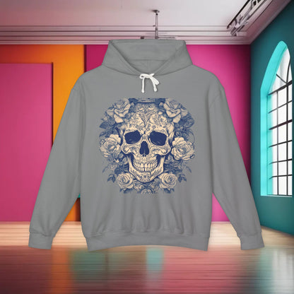 Unisex Lightweight Hooded Sweatshirt with an exquisite skull and roses graphic, displayed against a modern and colourful backdrop.