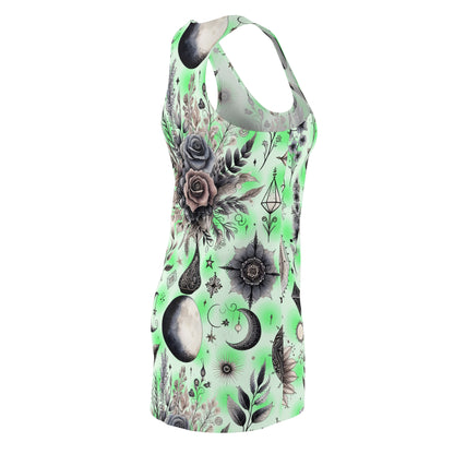 Stylish side view of the Chic Women's Designer Racerback Dress, showcasing intricate floral and celestial designs ideal for summer gatherings.