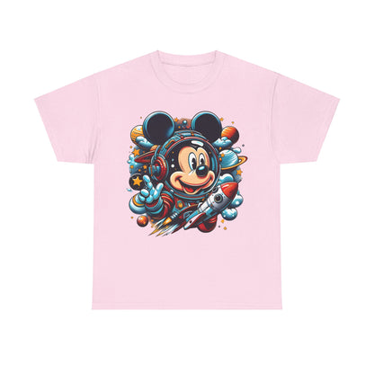 Luxury Blast Off with Mickey Astronaut Graphic Unisex Graphic Tee Shirt featuring a vibrant design of Mickey Mouse in an astronaut suit with a cosmic background of planets and rockets.