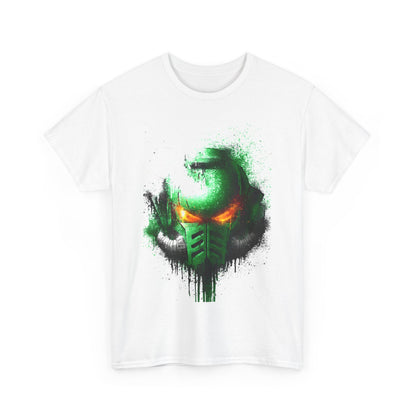 Stylish unisex t-shirt displaying a bold green helmet graphic with glowing red eyes and intricate splatter patterns, ideal for fashion-forward individuals.