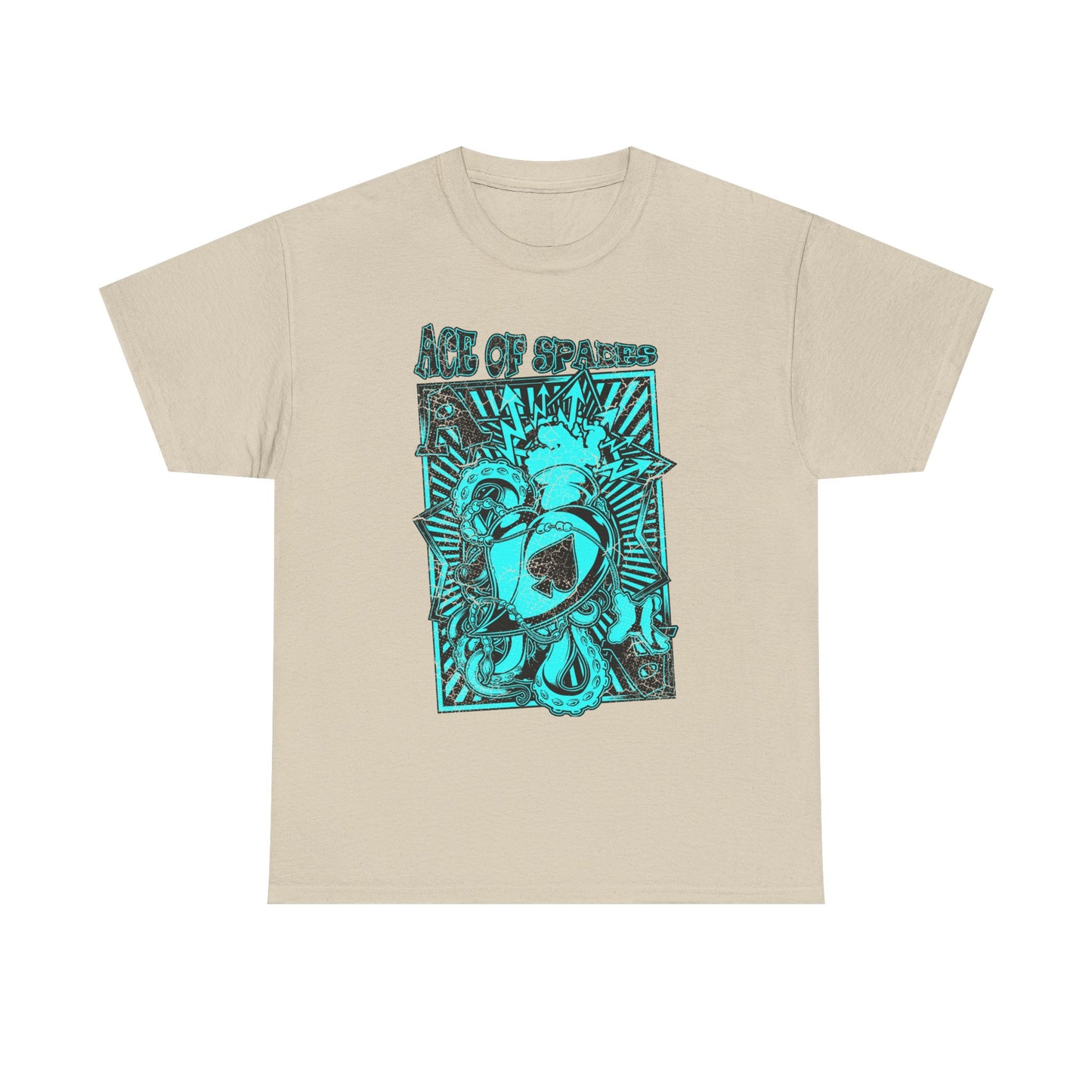 ACE OF SPADES men's t-shirt in a soft beige hue, showcasing an intricate turquoise graphic design that reflects vintage rock themes and artistic flair.