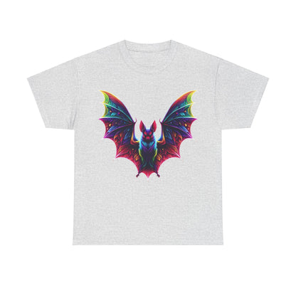 Radiant Evolution Bat Tee - Elegant grey edition of the unisex cotton t-shirt showcasing a strikingly colourful bat graphic, embodying a bold statement of style.