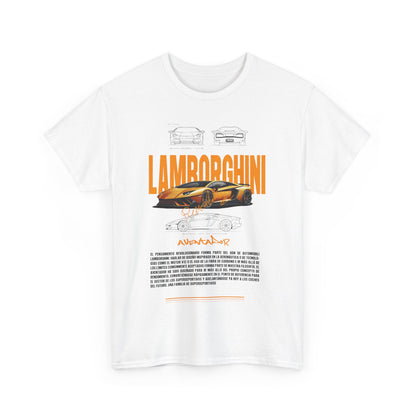 Stylish white Lamborghini Aventador Graphic T-Shirt featuring captivating car visuals and striking orange lettering, embodying luxury and performance.