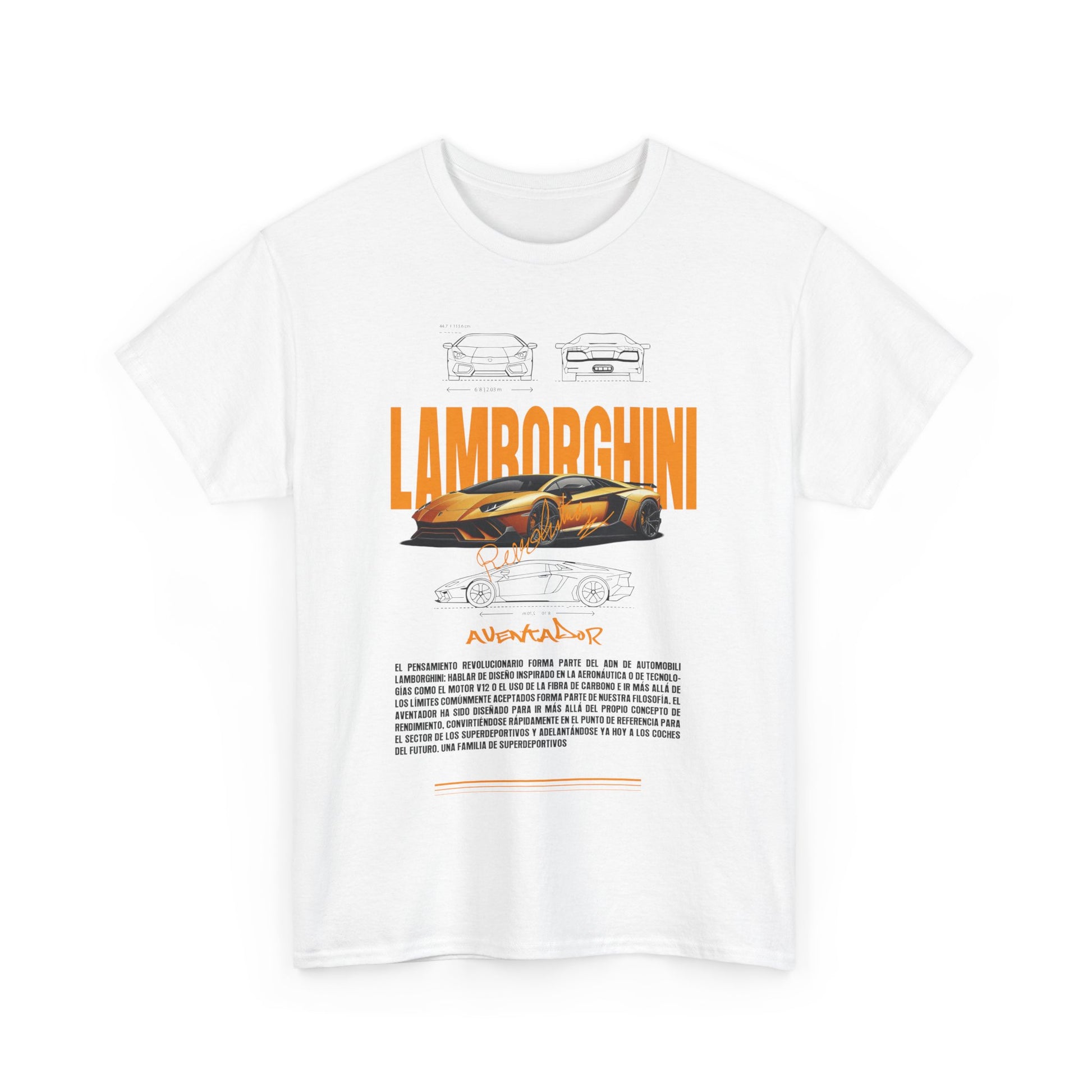 Men's Lamborghini Aventador graphic t-shirt in white, featuring vibrant orange typography and detailed car sketches, a statement piece for automotive enthusiasts.