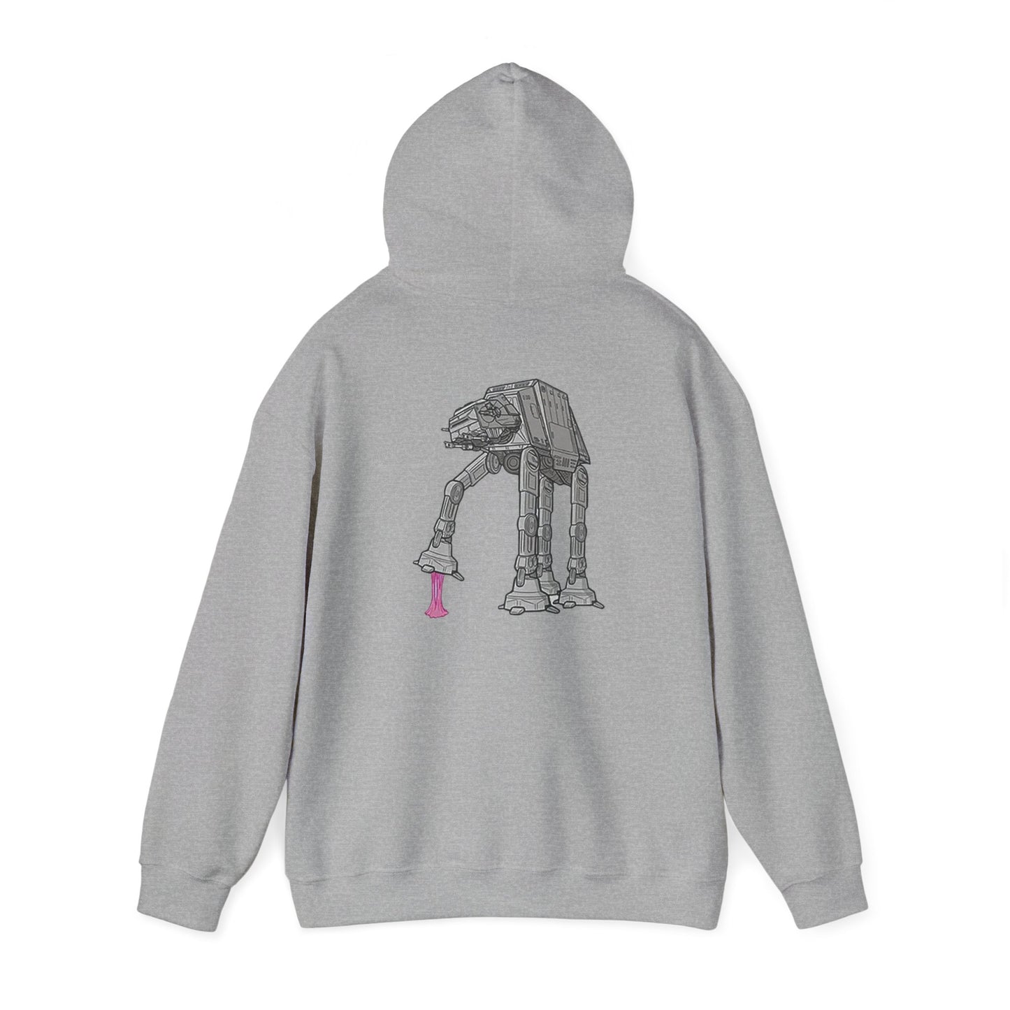 Elegant grey hoodie displaying a unique AT-AT graphic, combining boldness with whimsical pink accents for a standout look.