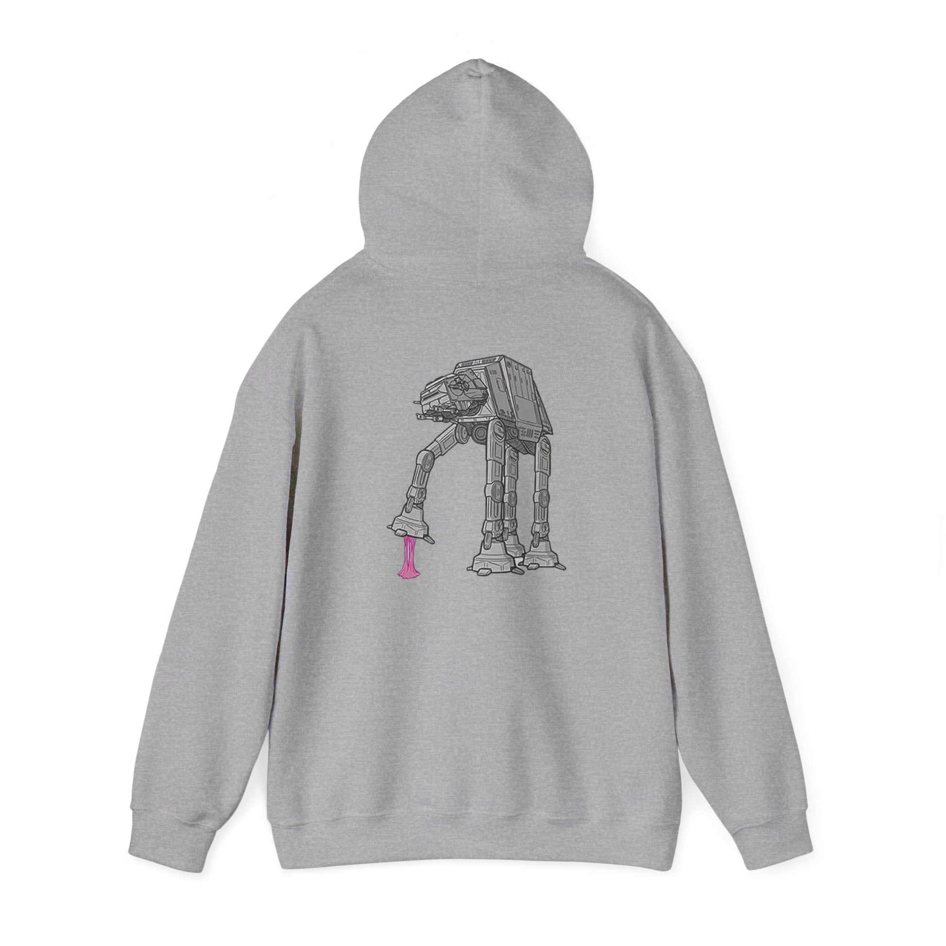 Elegant grey hoodie displaying a unique AT-AT graphic, combining boldness with whimsical pink accents for a standout look.