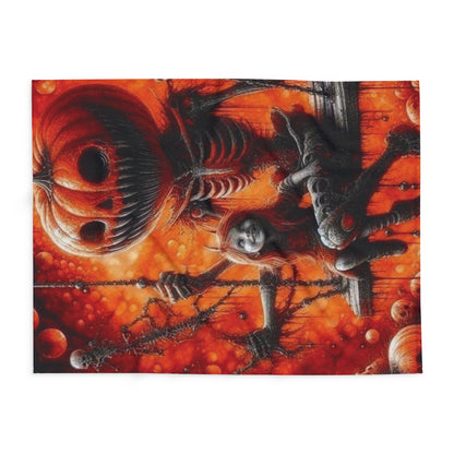 Elegant Decorative and Warm Halloween Spooky Arctic Fleece Blanket laid flat, featuring intricate Halloween artwork of pumpkins and skeletons, perfect for holiday decor.