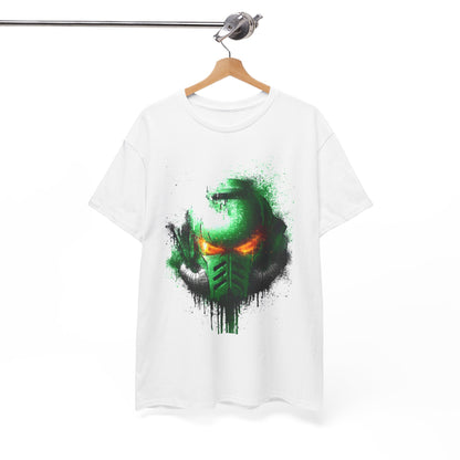 Chic white t-shirt elegantly displayed on a hanger, featuring a striking green and orange helmet graphic, embodying a fusion of modern art and urban fashion.