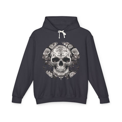 Chic Unisex Lightweight Hooded Sweatshirt shown in a dark shade, featuring a captivating skull and roses graphic, perfect for modern fashion enthusiasts.