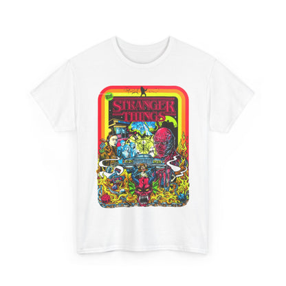 Elegantly styled graphic tee displaying a captivating 'Stranger Things' illustration in vivid hues, perfect for fashion-forward fans who appreciate unique, conversation-starting apparel.