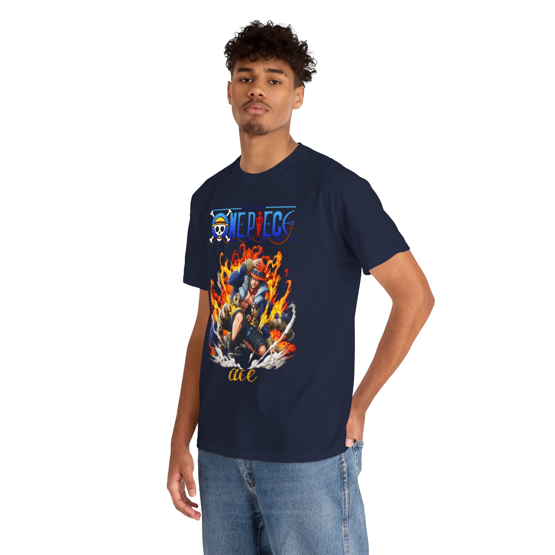Model showcasing the Epic Ace Men's T-Shirt, featuring a striking design of Ace in an action pose amidst vivid flames, suitable for fashionable outings.