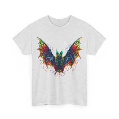 Front view of the Radiant Evolution Bat Tee: Unisex grey cotton t-shirt adorned with a captivating multi-coloured bat graphic, blending art and fashion gracefully.