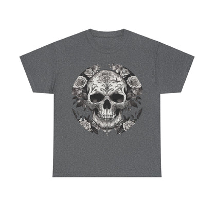 Skulls and Roses Cotton Tee in dark heather, featuring a captivating steampunk skull design embellished with roses, crafted for a sophisticated and edgy look.