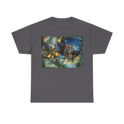 Discworld Mort Graphic Unisex T-Shirt in stylish grey, displaying the captivating Mort cover art by Terry Pratchett, tailored from premium cotton for a sophisticated look.
