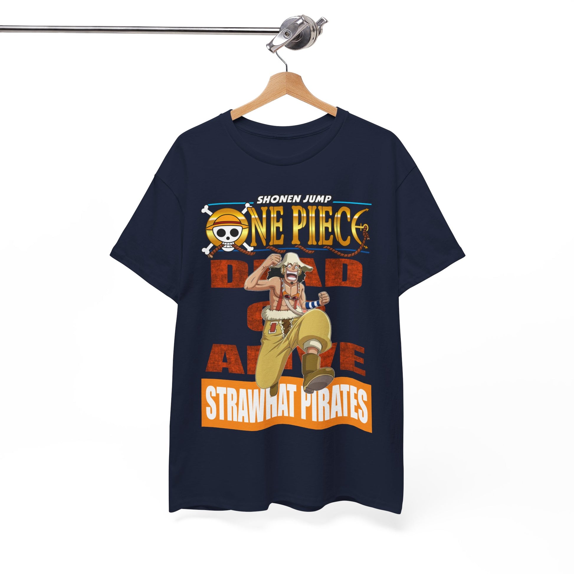 Luxurious anime-inspired t-shirt featuring a charismatic pirate character with vibrant graphics and 'DEAD OR ALIVE' text, designed for trendsetting fashionistas.