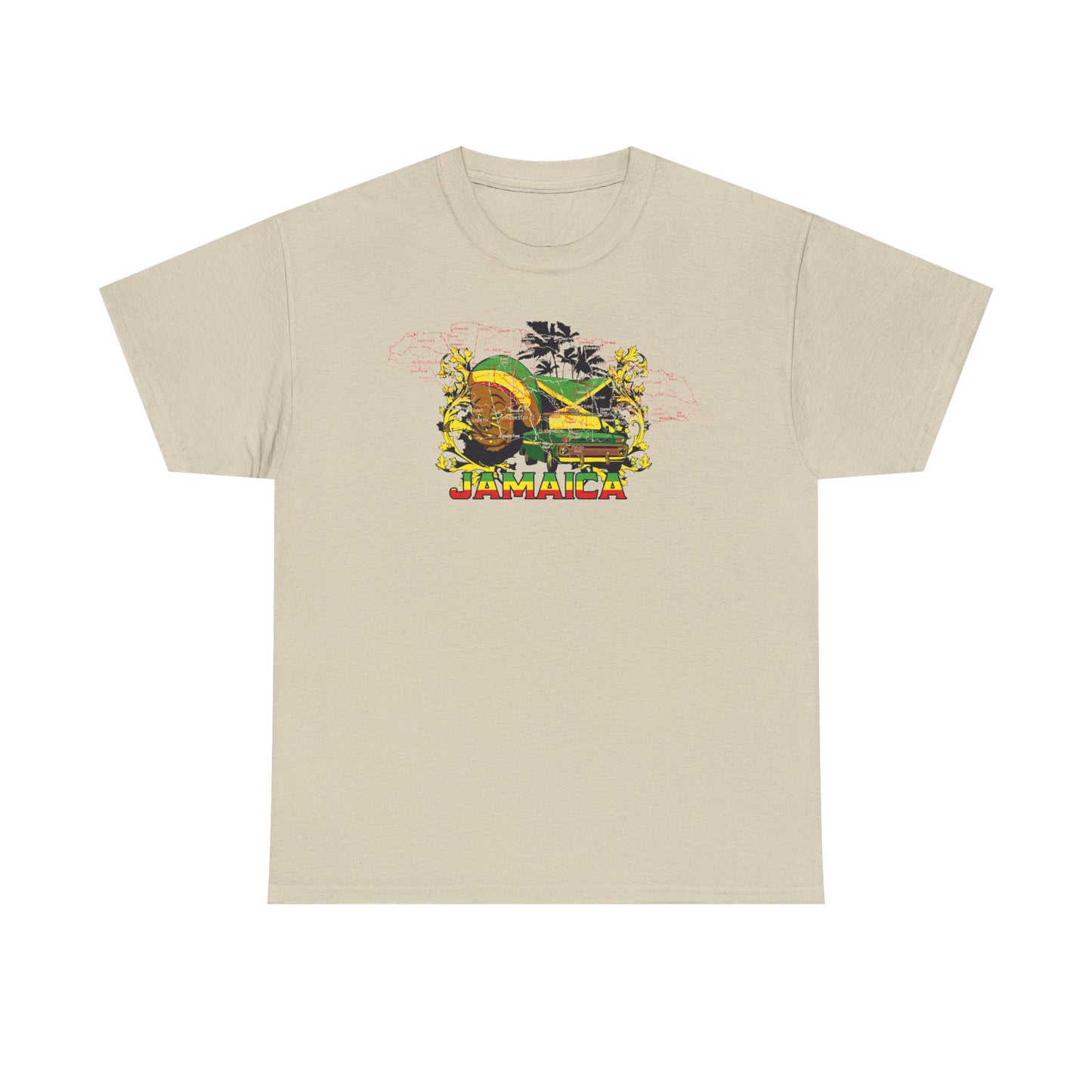 Elegant beige men's graphic t-shirt featuring a striking Jamaica design, with a nostalgic green truck and island-inspired details.