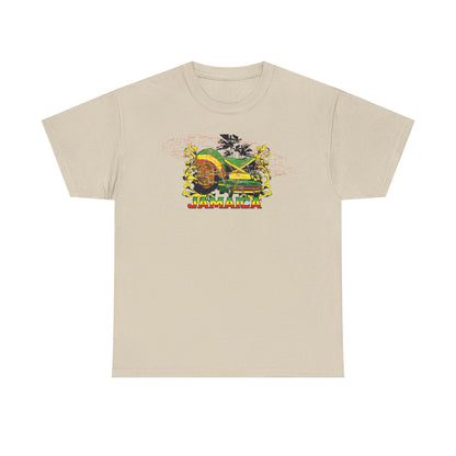Luxury vibrant Jamaica graphic t-shirt for men in beige, embellished with a striking retro design that features a tropical scene, ideal for stylish island-inspired wear.
