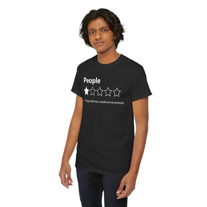 Elegant unisex black T-shirt featuring bold 'People' lettering and a unique five-star rating design, conveying a playful yet sophisticated statement.