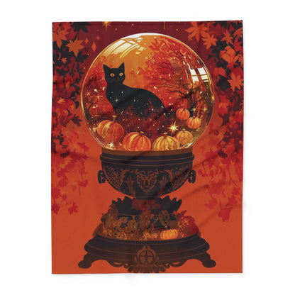 Chic decorative fleece blanket showcasing a stunning black cat in a pumpkin-filled snow globe, designed to enhance your Halloween ambiance with warmth and elegance.