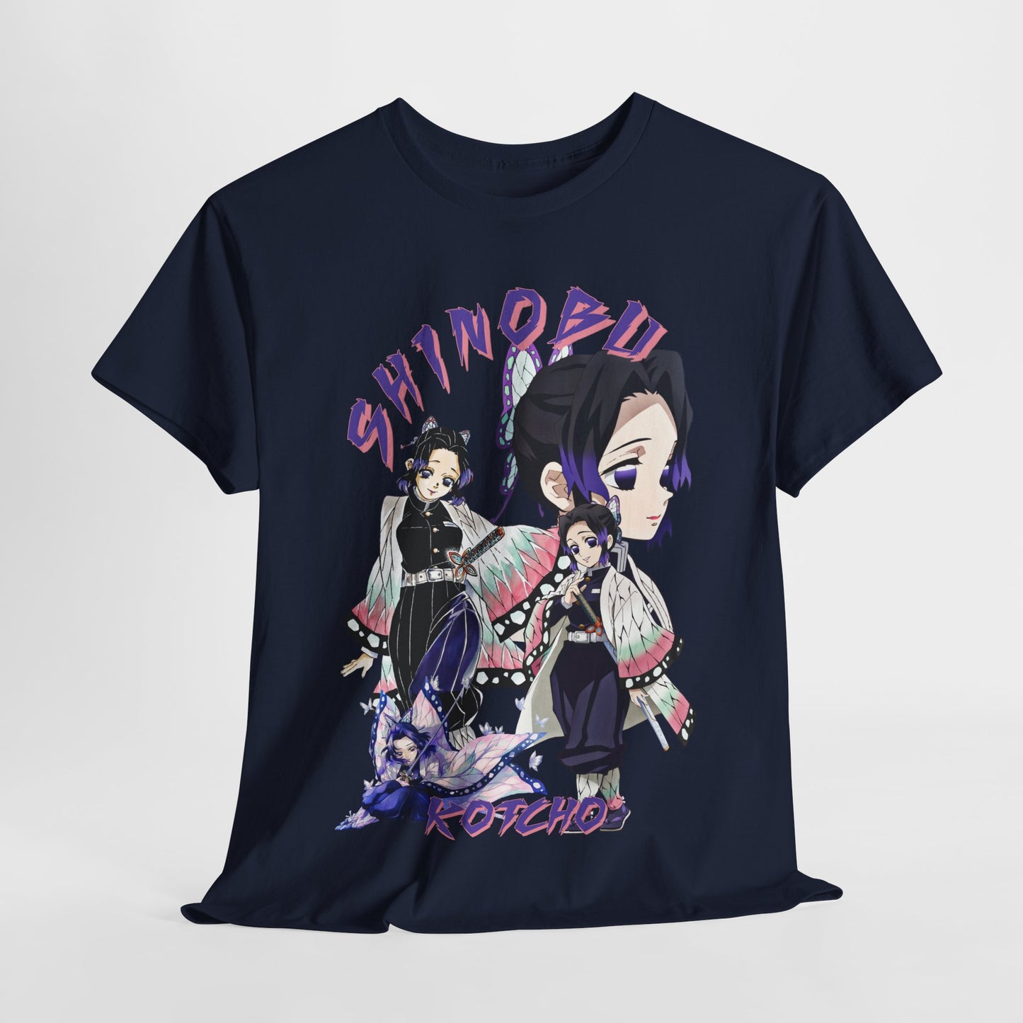 Dynamic front view of a luxurious navy blue anime T-shirt adorned with a stunning illustration of Shinobu Kocho, embodying strength and grace in a fashionable statement piece.
