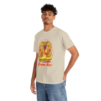 Luxury unisex Cobra Kai T-shirt featuring a striking golden cobra graphic, perfect for martial arts enthusiasts and fans of the iconic series.