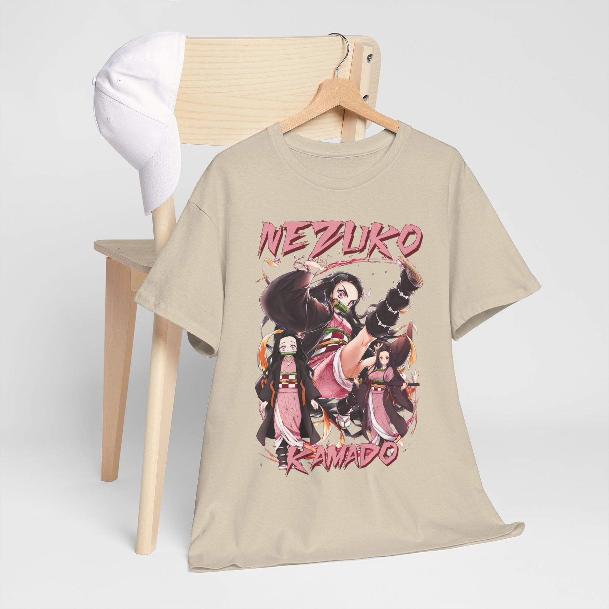 Luxurious Nezuko Kamado T-shirt elegantly displayed on a wooden chair, showcasing vibrant fan art with dynamic poses of the renowned character from Demon Slayer.