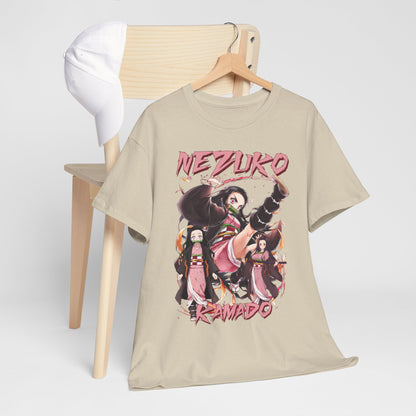 Luxurious Nezuko Kamado T-shirt elegantly displayed on a wooden chair, showcasing vibrant fan art with dynamic poses of the renowned character from Demon Slayer.