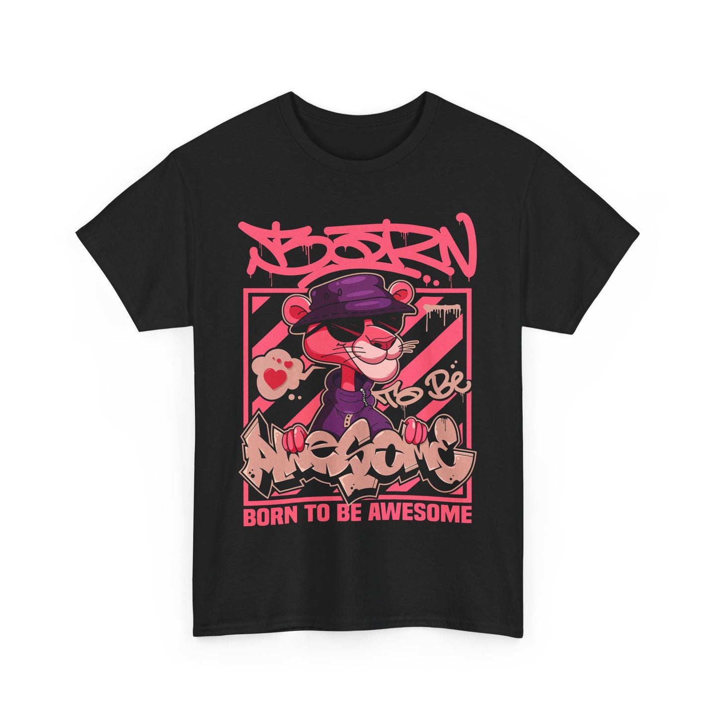 Sophisticated Men’s T-Shirt showcasing an eye-catching pink panther graphic in a striking black colourway, epitomising modern style.