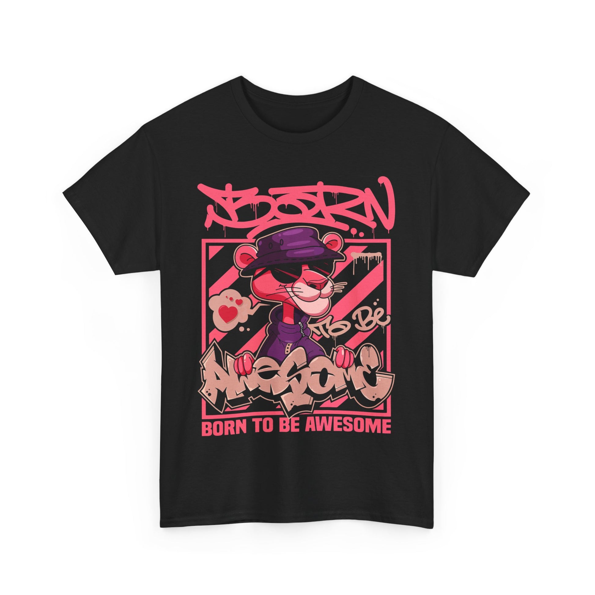 Sophisticated Men’s T-Shirt showcasing an eye-catching pink panther graphic in a striking black colourway, epitomising modern style.