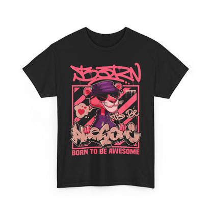 Sophisticated Men’s T-Shirt showcasing an eye-catching pink panther graphic in a striking black colourway, epitomising modern style.
