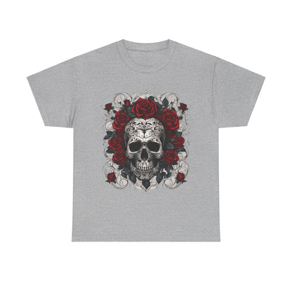 Skulls and Roses Cotton Tee in grey, showcasing a detailed skull graphic surrounded by vibrant roses, ideal for adding a statement piece to any luxury casual wardrobe.
