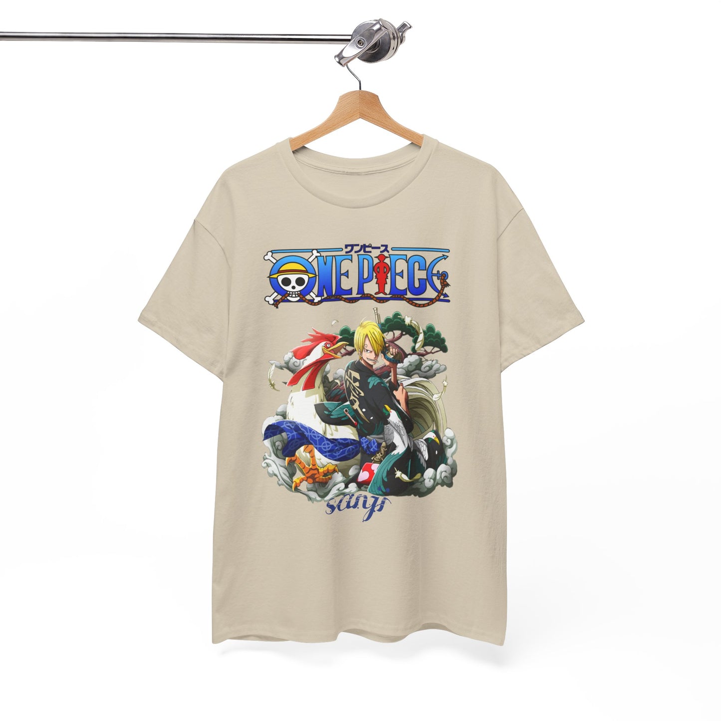 Elegantly displayed men's t-shirt with a bold Sanji graphic from One Piece, highlighting intricate details and colours, perfect for anime enthusiasts seeking luxury fashion.