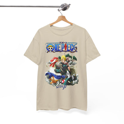 Elegantly displayed men's t-shirt with a bold Sanji graphic from One Piece, highlighting intricate details and colours, perfect for anime enthusiasts seeking luxury fashion.