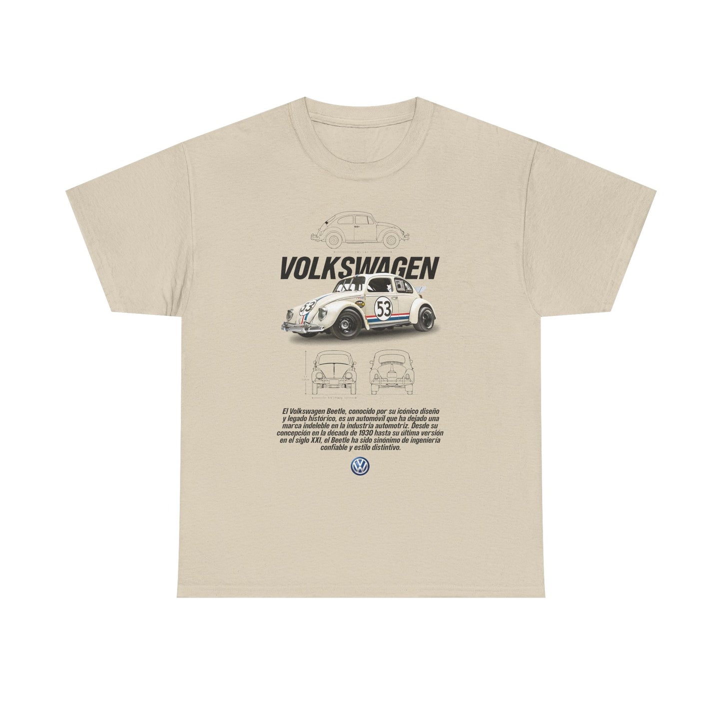 Luxury cream t-shirt featuring a vintage Volkswagen Beetle with number 53, showcasing intricate technical illustrations and Spanish text, perfect for car enthusiasts.