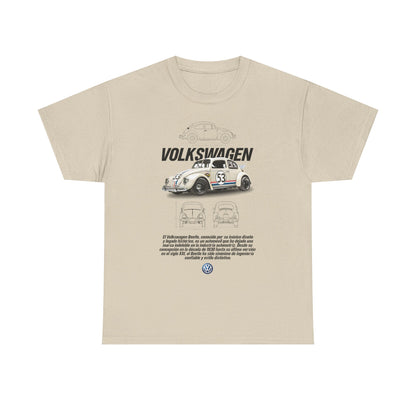 Refined beige Volkswagen Beetle T-shirt adorned with a striking Herbie 53 graphic and sophisticated technical illustrations, embodying timeless automotive style for discerning collectors.