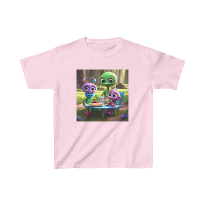 Kids Cute Aliens Heavy Cotton T-Shirt in pink featuring adorable alien characters enjoying a picnic, perfect for imaginative young adventurers.
