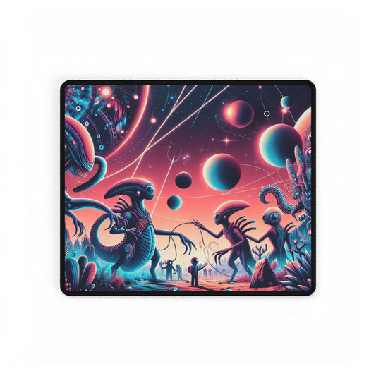 Close-up of the Stellar Nebulous Desk Mat showcasing vibrant colours and intricate alien designs, perfect for adding artistic flair to modern work environments.