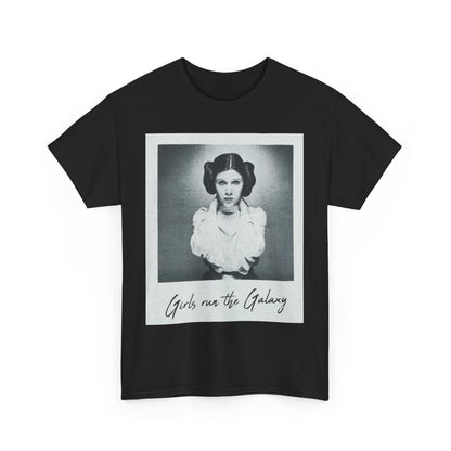 Star Wars Princess Leia 'Girls Run the Galaxy' graphic t-shirt in black, featuring a striking monochrome design of the legendary character promoting female empowerment.