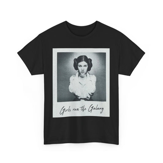 Star Wars Princess Leia 'Girls Run the Galaxy' graphic t-shirt in black, featuring a striking monochrome design of the legendary character promoting female empowerment.