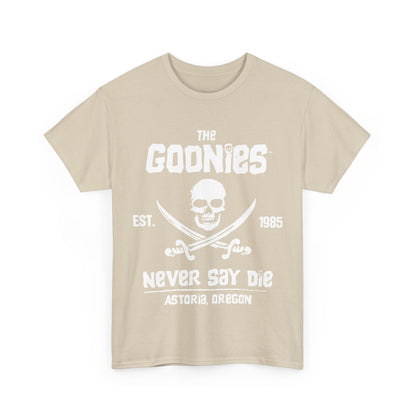 The Goonies Graphic T-Shirt Urban Unisex Cotton Tee in a chic beige hue, showcasing the iconic Goonies logo, skull, and swords, celebrating 1985's classic adventure in a premium fit.