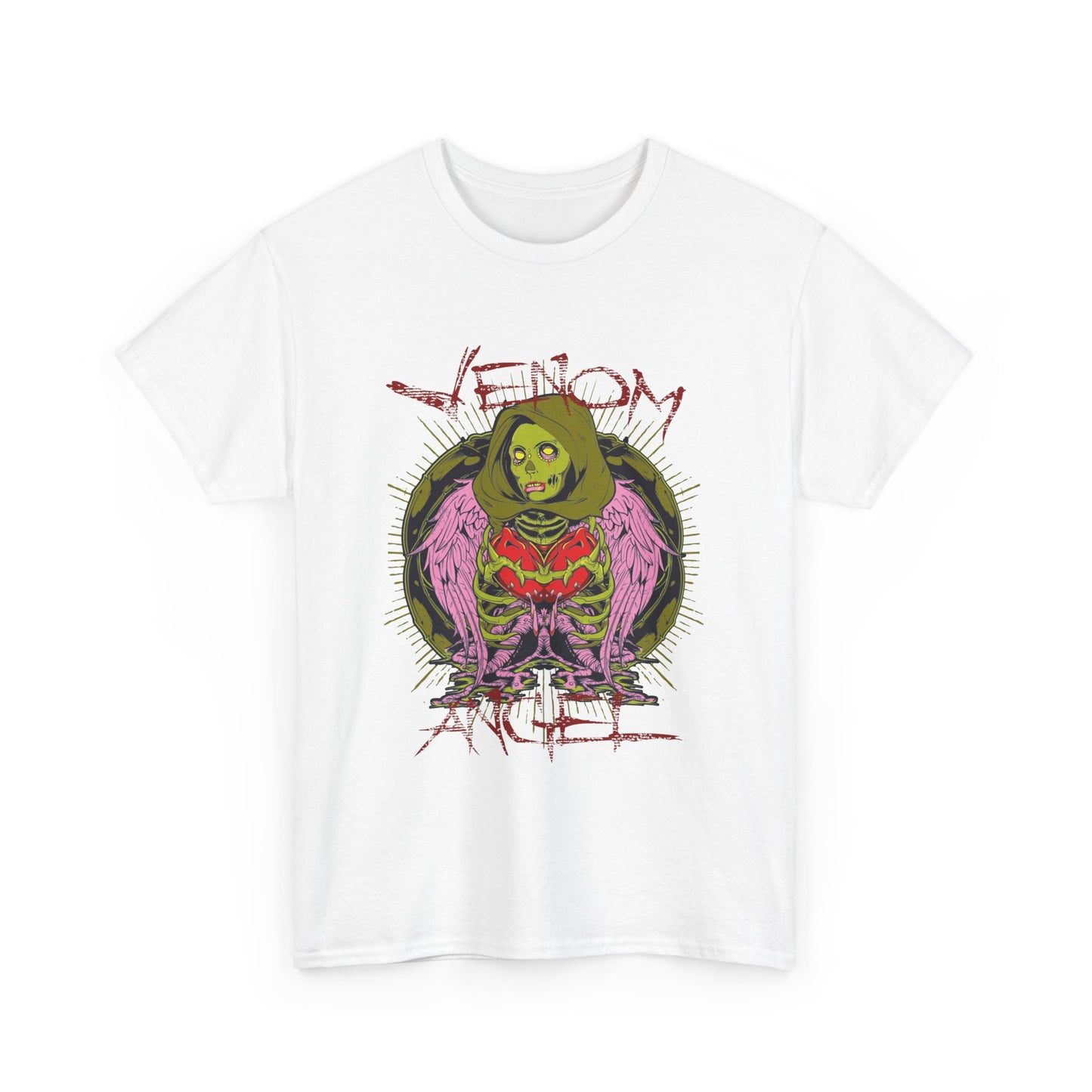 Sophisticated men's t-shirt in white displaying captivating green angel and heart design, complemented by bold 'VENOM' lettering, perfect for making a fashion statement.