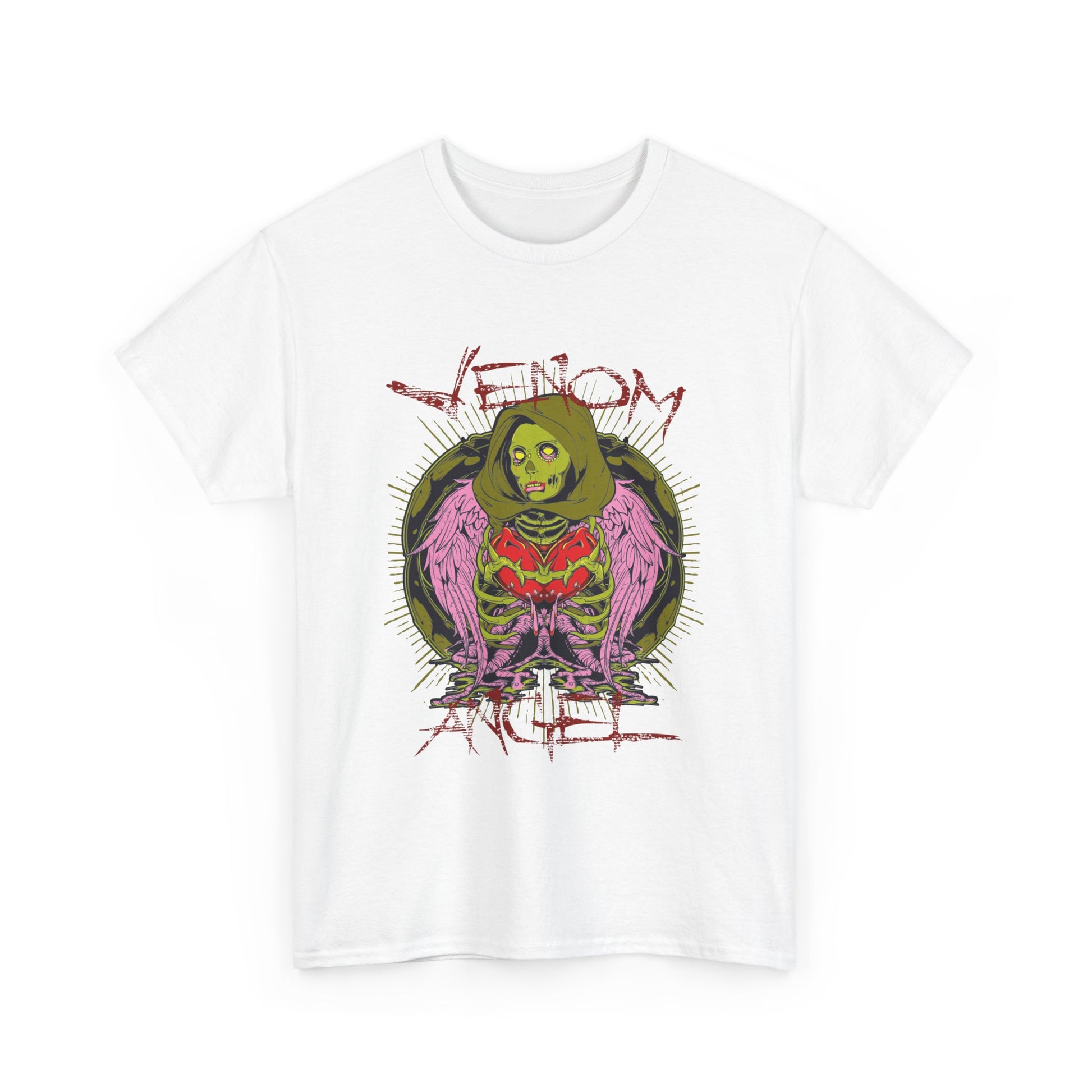 Sophisticated men's t-shirt in white displaying captivating green angel and heart design, complemented by bold 'VENOM' lettering, perfect for making a fashion statement.