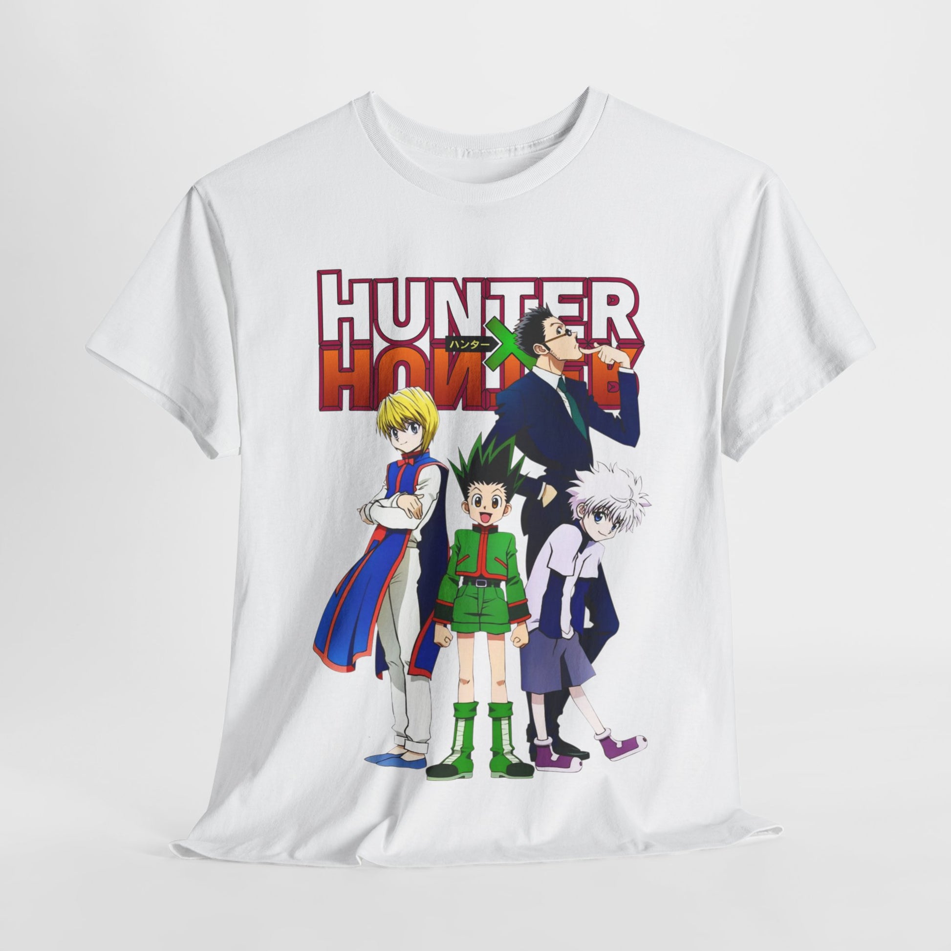 Luxurious Hunter x Hunter Elite T-Shirt featuring iconic anime characters Gon, Killua, and others in vibrant, high-quality print on soft fabric, perfect for anime enthusiasts.