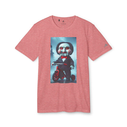 Adidas Unisex Halloween Jigsaw Cute T-shirt in fashionable red heather, featuring an iconic Jigsaw character for a trendy Halloween ensemble.