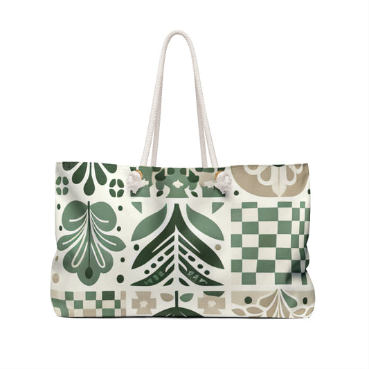 Evelyn Atelier Modern Motifs Weekender Bag showcasing an elegant green and white floral design, ideal for chic weekend getaways.