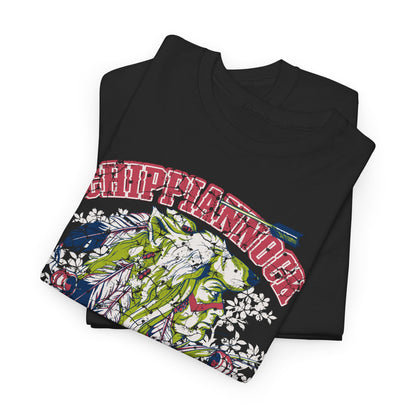 Luxurious black men's graphic t-shirt featuring a vibrant wolf headdress design intertwined with historic motifs, showcasing nature-inspired colours and intricate detailing.