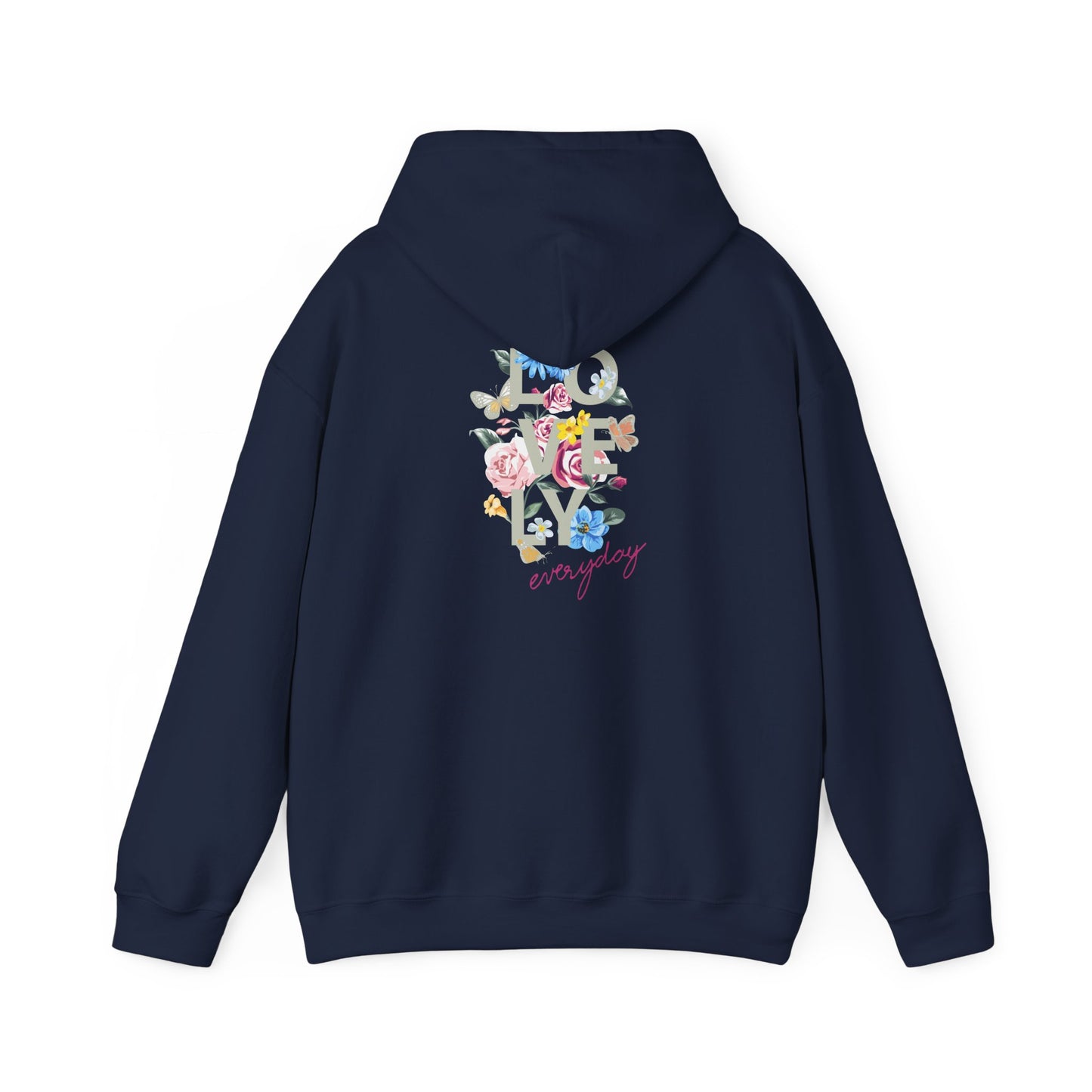Fashionable navy blue hoodie featuring colourful floral motifs on the back with the phrase 'LOVELY everyday', perfectly blending comfort and style.