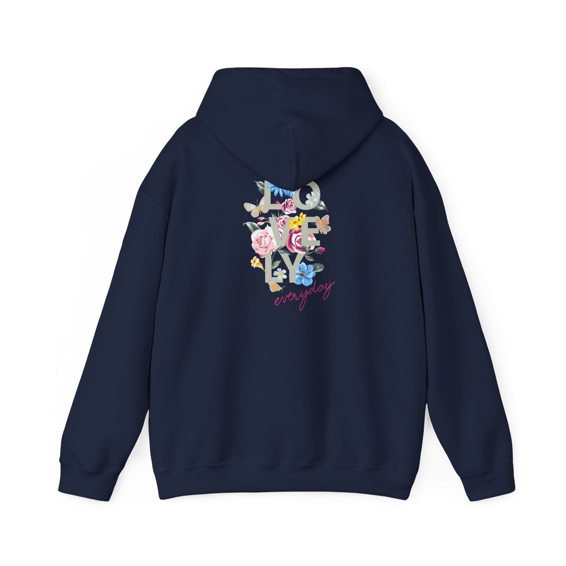 Fashionable navy blue hoodie featuring colourful floral motifs on the back with the phrase 'LOVELY everyday', perfectly blending comfort and style.